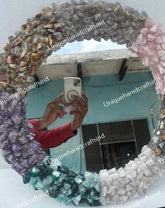 Modern Wall Mirror With 7 Chakra Real gemstone / Wall Hanging Mirror Hand carved Crystal Bathroom Interior Personalized Wedding Gift Unique Handicrafts IND